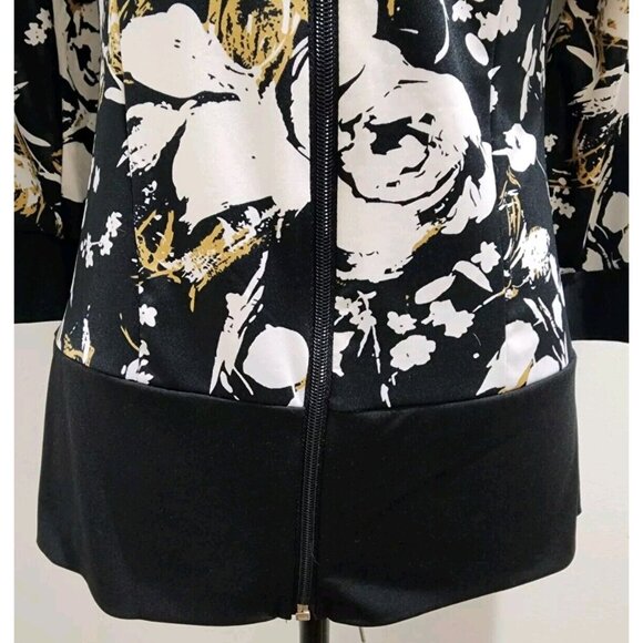 Nice Papillon Blanc Noir Zip Front Floral Print Jacket Size L Lightweight Classy - Picture 3 of 9
